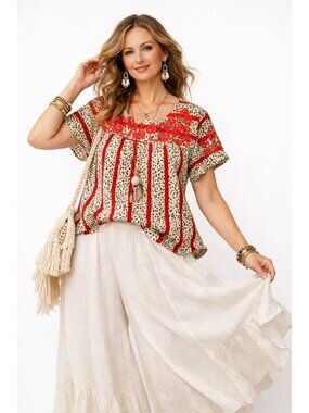 See And Be Seen Womens Red Embroidered Floral Boho Artsy Relaxed Top Leopard M